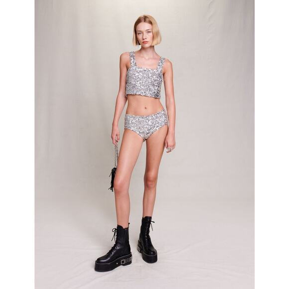 Maje Silver Tutterfly Sequin Culotte Hipster Shorts - Picture 2 of 13